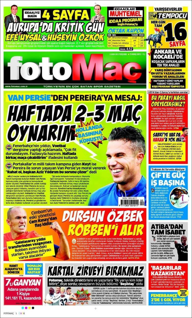 روزنامه های ورزشی ترکیه / پنج شنبه 08 اکتبر 2015