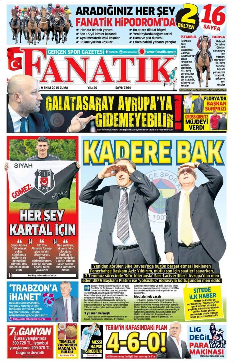 روزنامه های ورزشی ترکیه / جمعه 09 اکتبر 2015