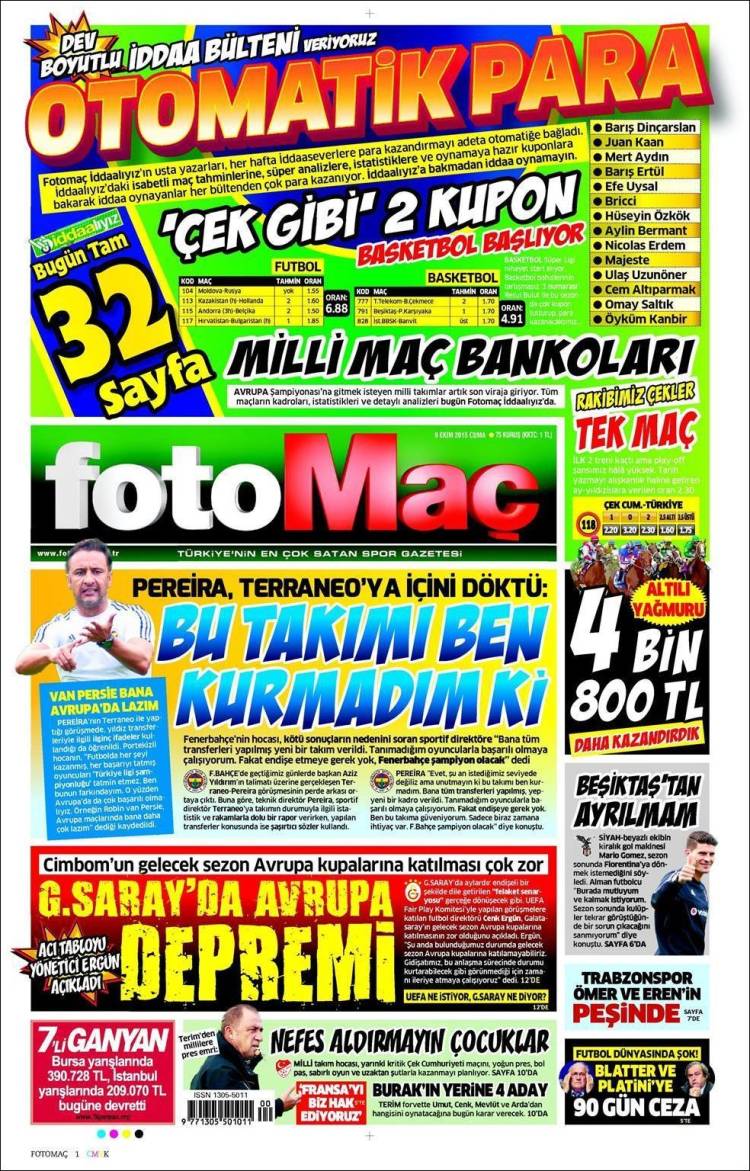 روزنامه های ورزشی ترکیه / جمعه 09 اکتبر 2015
