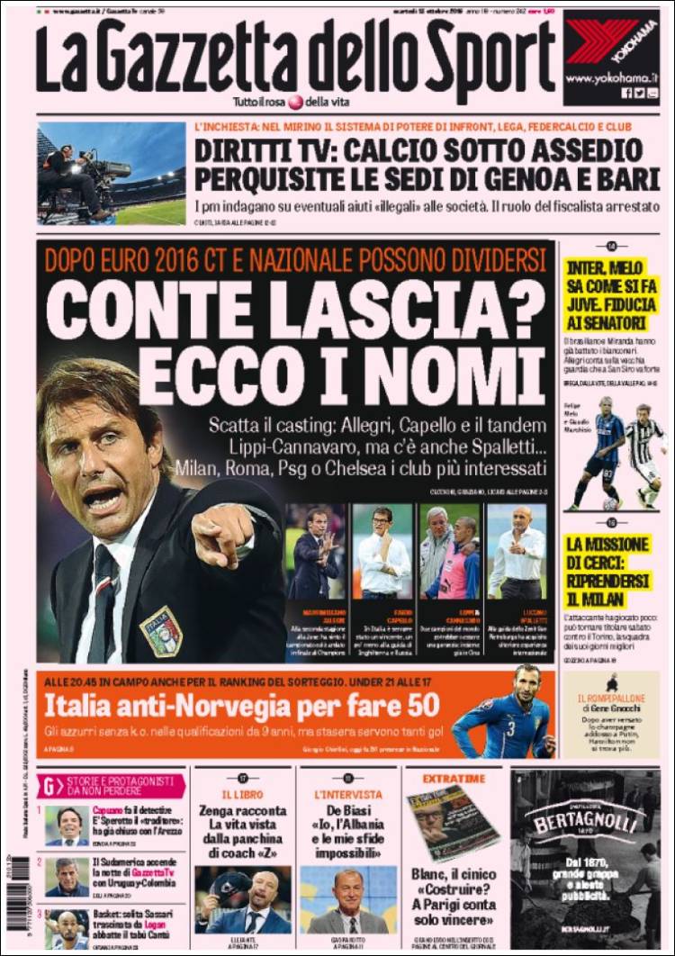 روزنامه های ورزشی ایتالیا/ سه شنبه 13 اکتبر 2015
