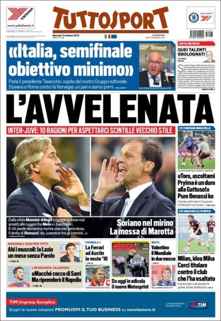 روزنامه های ورزشی ایتالیا/ سه شنبه 13 اکتبر 2015
