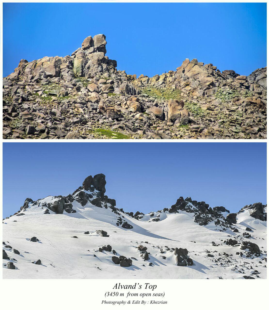 ارتفاعات کوه الوند در دو فصل متفاوت