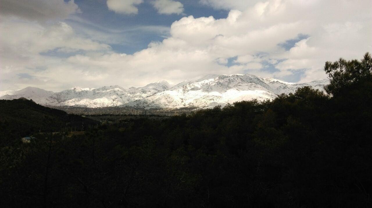 منظره قله های پوشیده از برف تهران از جنگل لویزان