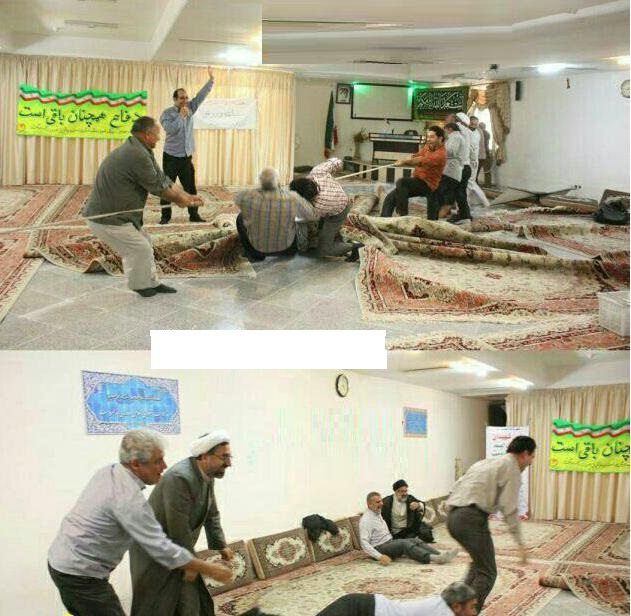 مسابقه عجیب طناب کشی روی فرش نمازخانه