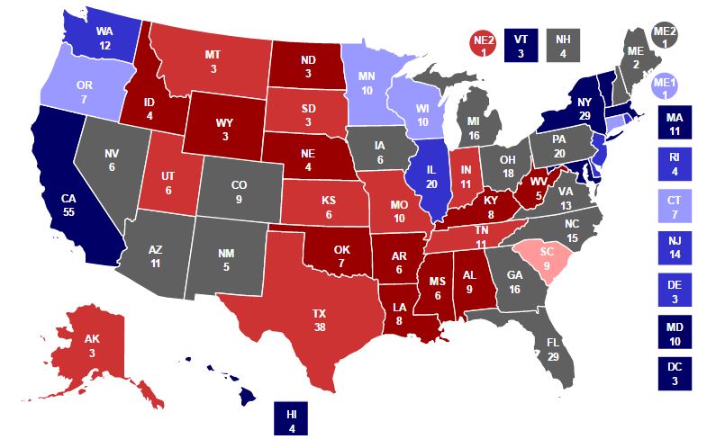 آخرین وضعیت آرایش ایالت ها در انتخابات آمریکا / پیروزی کلینتون در اولین حوزه رای گیری / امیدهای بزرگ دونالد ترامپ