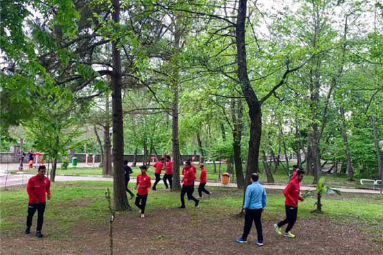 تمرین یک تیم لیگی قبل از بازی در پارک جنگلی