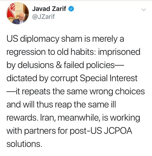 توئیت ظریف درپاسخ به سخنرانی وزیر خارجه آمریکا
