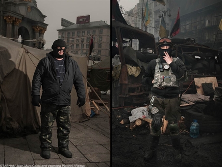 سمت چپ : سرباز سابق در جنگ شوروی علیه افغانستان با هدف آموزش نظامی به میدان آشوبها  آمده تا به معترضان راههای مقابله با پلیس را آموزش دهد و راست : یک مرد هنرمند نقاش و البته عکاس!