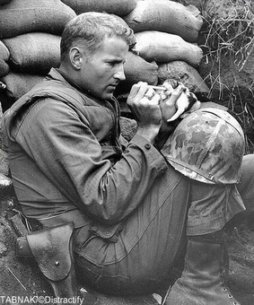 یک گروهبان در جریان جنگ در حال غذا دادن به یک بچه گربه تازه متولد شده
