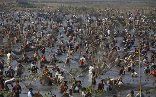 شمال شرقی آسام  و مردمان یک روستا که جمیعاً برای صید ماهی وارد رودخانه شده اند./Reuters<br />
