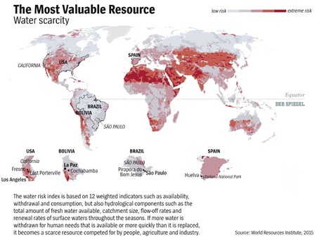 در ین نقشه هرجا رنگ تیره تری می‌بینید بدانید که منابع آب کمتری وجود دارد و شدت بحران بیشتر است.