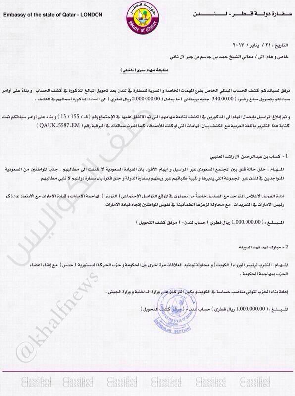 وثيقة تكشف تلقي مغردين أموالاً قطرية مقابل الإساءة للسعودية والإمارات