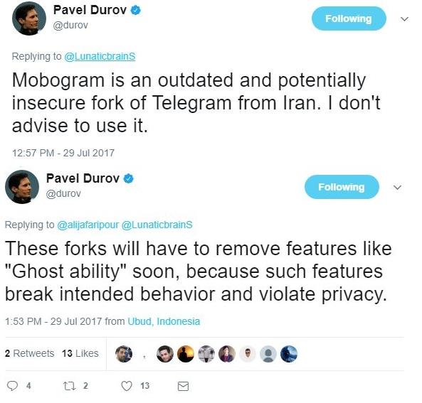 مدیر عامل تلگرام: موبوگرام نا امن است