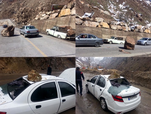 ریزش کوه در محور هراز و خسارت به چند خودرو
