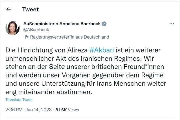 واکنش آلمان به اعدام علیرز اکبری