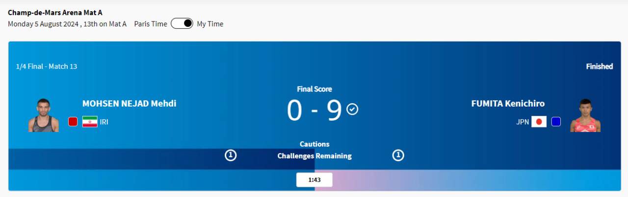 پوشش زنده المپیک ۲۰۲۴ پاریس| شکست میرزازاده مقابل غول کوبایی/ برد قاطعانه محسن&zwnj;نژاد در کشتی اول