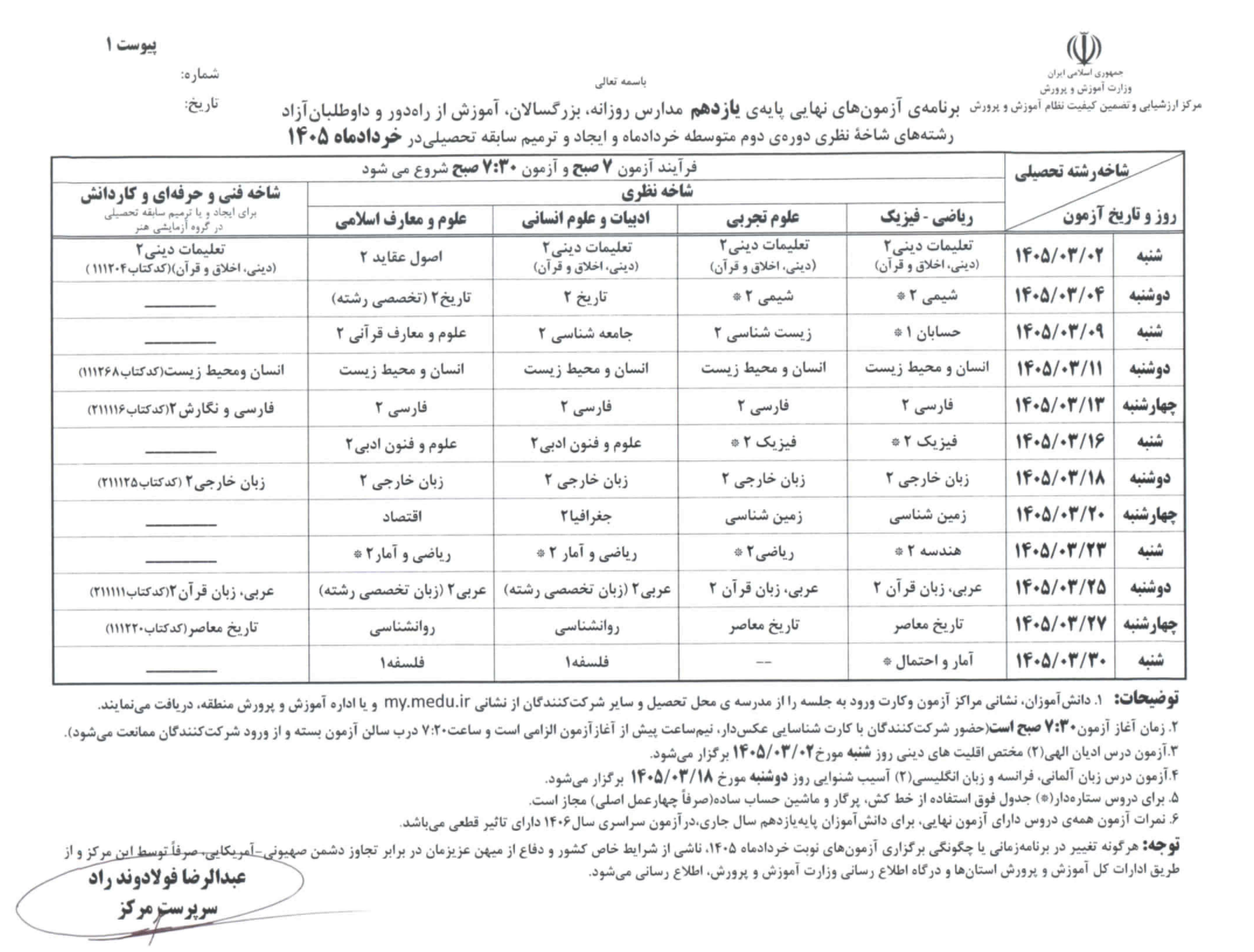 برنامه امتحانات نهایی خرداد ۱۴۰۵ مدارس +جزییات