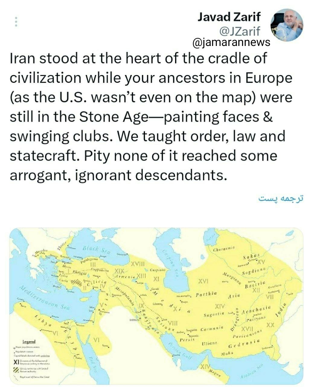 کنایه سنگین ظریف به ترامپ/ وقتی نیاکان شما در اروپا صورت&zwnj;هایشان را رنگ می&zwnj;کردند و با چماق به جان هم می&zwnj;افتادند ما هنر حکمرانی آموزش می&zwnj;دادیم!