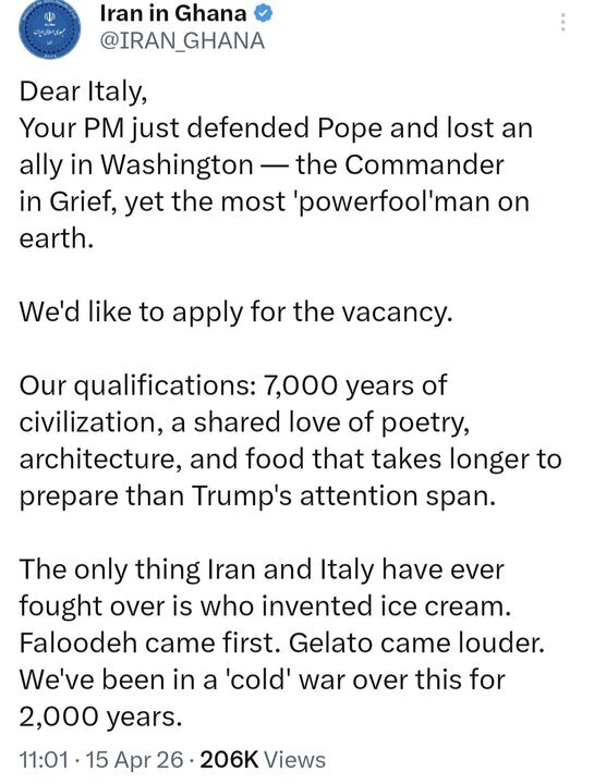 کنایه ایران به ایتالیا پس از توهین ترامپ به پاپ کنایه ایران به ایتالیا پس از توهین ترامپ به پاپ