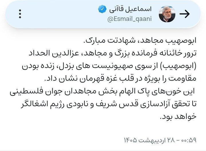 پیام سردار قاآنی در پی شهادت فرمانده عزالدین قسام پیام سردار قاآنی در پی شهادت فرمانده عزالدین قسام