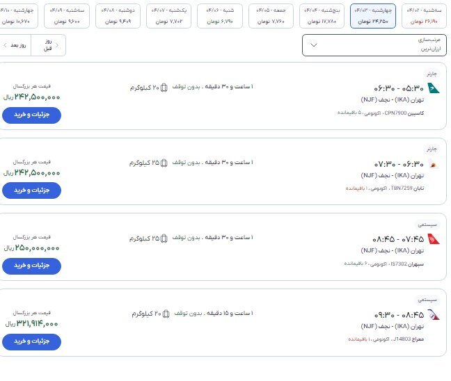 کاهش قیمت بلیت هواپیما برای نجف در این ایام