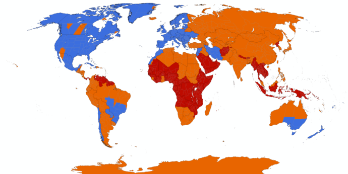 رنگ آبی یعنی کشورهایی که تغییر ساعت دارند، رنگ نارنجی یعنی کشورهایی که تغییر ساعت داشته‌اند و آن را کنار گذاشته‌اند و رنگ قرمز یعنی کشورهایی که هرگز تغییر ساعت را در دستور کار قرار نداده‌اند.