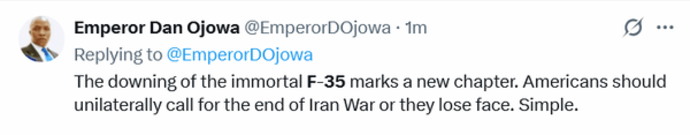 سرنگونی اف-۳۵ جاودانه، فصل جدیدی را رقم می&zwnj;زند. آمریکایی&zwnj;ها باید به طور یکجانبه خواستار پایان جنگ ایران شوند، وگرنه آبرویشان می&zwnj;رود. به همین سادگی.