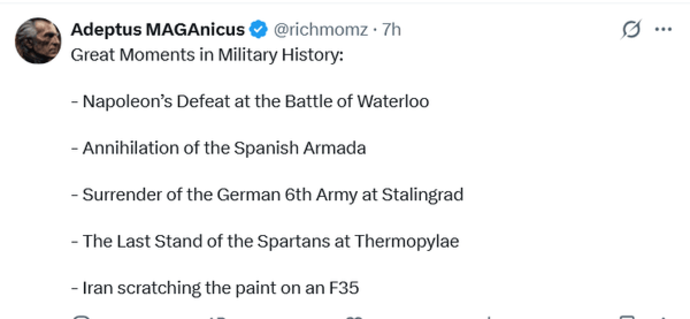 لحظات بزرگ در تاریخ نظامی:- شکست ناپلئون در نبرد واترلو- نابودی ناوگان اسپانیا- تسلیم ارتش ششم آلمان در استالینگراد- آخرین مقاومت اسپارت&zwnj;ها در ترموپیل- هدف قرار گزفتن یک اف 35 توسط ایران
