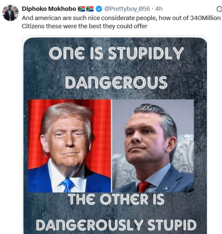 (کنایه) و آمریکایی&zwnj;ها چقدر مردم خوب و با ملاحظه&zwnj;ای هستند، چطور از بین ۳۴۰ میلیون شهروند، اینها بهترین چیزی بودند که می&zwnj;توانستند ارائه دهند.عکس نوشت : یکی از این دو نفر به طرز حماقت باری خطرناک است و دیگری به طرز وحشتناکی احمق است.