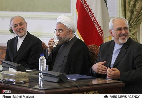محمدجواد ظریف، حجت الاسلام حسن روحانی رئیس جمهور و علی اکبر صالحی در مراسم تودیع و معارفه وزیر امور خارجه