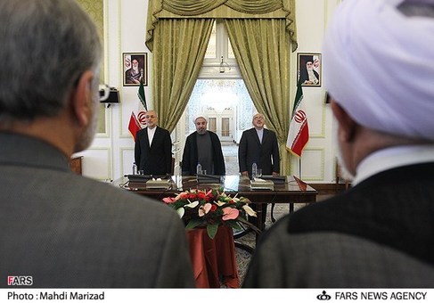 محمدجواد ظریف، حجت الاسلام حسن روحانی رئیس جمهور و علی اکبر صالحی در مراسم تودیع و معارفه وزیر امور خارجه