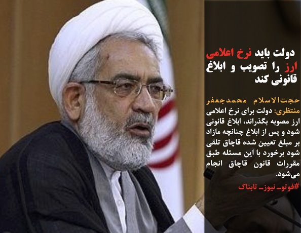 حجت&zwnj;الاسلام محمدجعفر منتظری: دولت برای نرخ اعلامی ارز مصوبه بگذراند، ابلاغ قانونی شود و پس از ابلاغ چنانچه مازاد بر مبلغ تعیین شده قاچاق تلقی شود برخورد با این مسئله طبق مقررات قانون قاچاق انجام می&zwnj;شود.
