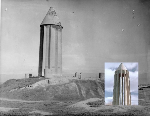 عکسی قدیمی از برج قابوس؛ همان گونه که در تصویر کوچکتر می‌بینید، مقبره بوعلی سینا در همدان نیز گرته‌برداری شده از گنبد قابوس است.