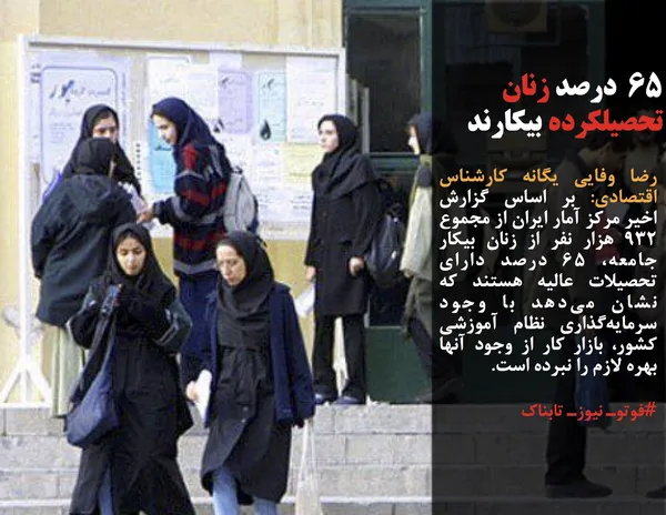 رضا وفایی یگانه کارشناس اقتصادی: بر اساس گزارش اخیر مرکز آمار ایران از مجموع ۹۳۲ هزار نفر از زنان بیکار جامعه، ۶۵ درصد دارای تحصیلات عالیه هستند که نشان می&zwnj;دهد با وجود سرمایه&zwnj;گذاری نظام آموزشی کشور، بازار کار از وجود آنها بهره لازم را نبرده است.
