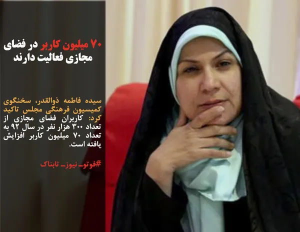 سیده فاطمه ذوالقدر، سخنگوی کمیسیون فرهنگی مجلس تاکید کرد: کاربران فضای مجازی از تعداد ۳۰۰ هزار نفر در سال ۹۲ به تعداد ۷۰ میلیون کاربر افزایش یافته است.
