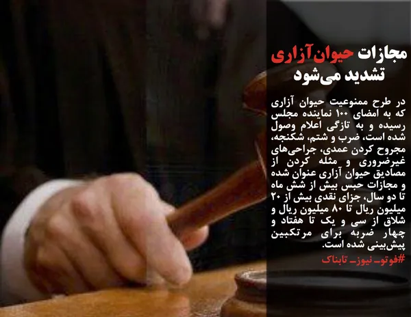 در طرح ممنوعیت حیوان آزاری که به امضای ۱۰۰ نماینده مجلس رسیده و به تازگی اعلام وصول شده است، ضرب و شتم، شکنجه، مجروح کردن عمدی، جراحی&zwnj;های غیرضروری و مثله کردن از مصادیق حیوان آزاری عنوان شده و مجازات حبس بیش از شش ماه تا دو سال، جزای نقدی بیش از ۲۰ میلیون ریال تا ۸۰ میلیون ریال و شلاق از سی و یک تا هفتاد و چهار ضربه برای مرتکبین پیش&zwnj;بینی شده است.
