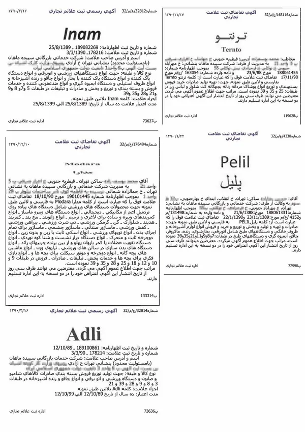 برخی از آگهی&zwnj;های ثبت "نام تجاری" که نشان از ادامه&zwnj;دار بودن برنامه مدیران شرکت سپیده ماهان برای عرضه محصولات قبلی با نام دیگر در آینده دارد