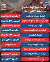 قیمت گوشت قرمز امروز سه‌شنبه ۲۳ تیر ۱۴۰۵