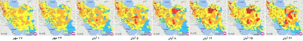  روند تغییرات نقشه رنگ&zwnj;بندی کرونایی کشورمان در هفته&zwnj;های اخیر. برای دیدن تصویر در ابعاد بزرگتر روی آن کلیک کنید. 
