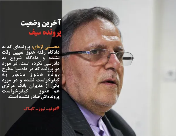 محسنی اژه&zwnj;ای: پرونده&zwnj;ای که به دادگاه رفته هنوز تعیین وقت نشده و دادگاه شروع به دادرسی نکرده است. در مورد دو پرونده که در دادسرا مطرح بوده هنوز منجر به کیفرخواست نشده و در مورد یکی از مدیران بانک مرکزی هم هنوز  کیفرخواست پرونده&zwnj;اش صادر نشده است.
