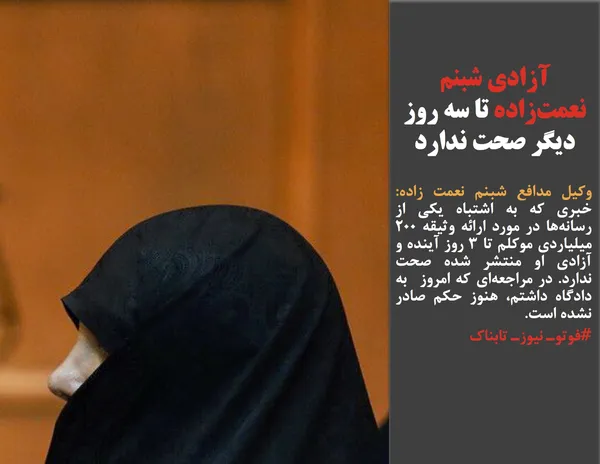وکیل مدافع شبنم نعمت زاده: خبری که به اشتباه یکی از رسانه&zwnj;ها در مورد ارائه وثیقه ۲۰۰ میلیاردی موکلم تا ۳ روز آینده و آزادی او منتشر شده صحت ندارد. در مراجعه&zwnj;ای که امروز  به دادگاه داشتم، هنوز حکم صادر نشده است.
