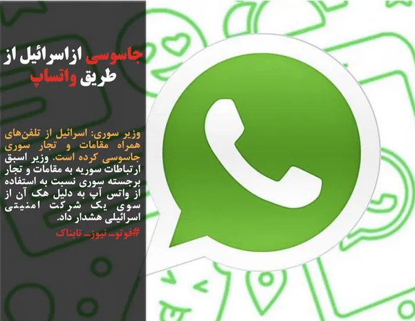 وزیر سوری: اسرائیل از تلفن&zwnj;های همراه مقامات و تجار سوری جاسوسی کرده است. وزیر اسبق ارتباطات سوریه به مقامات و تجار برجسته سوری نسبت به استفاده از واتس آپ به دلیل هک آن از سوی یک شرکت امنیتی اسرائیلی هشدار داد.
