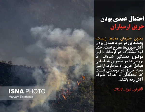 معاون سازمان محیط زیست: بحث&zwnj;هایی در مورد عمدی بودن آتش&zwnj;سوزی&zwnj;ها مطرح است. چند فرد مشکوک در ارتباط با این موضوع دستگیر شده&zwnj;اند اما بررسی&zwnj;ها در خصوص شناسایی عوامل حریق ادامه دارد. اراضی دچار حریق در موقعیتی نیست که متخلفان با هدف تصرف آتش زده باشند.
