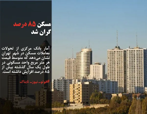 آمار بانک مرکزی از تحولات معاملات مسکن در شهر تهران نشان می&zwnj;دهد که متوسط قیمت هر متر مربع واحد مسکونی در طول یک سال گذشته بیش از ۸۵ درصد افزایش داشته است.
