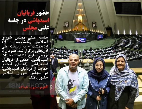 جلسه علنی مجلس شورای اسلامی یکشنبه - ۲۹ اردیبهشت - به ریاست علی لاریجانی برگزار شد. همزمان با بررسی طرح تشدید مجازات اسیدپاشی، جمعی از قربانیان اسیدپاشی (اعضای انجمن حمایت از قربانیان اسیدپاشی) در مجلس شورای اسلامی حضور یافتند.
