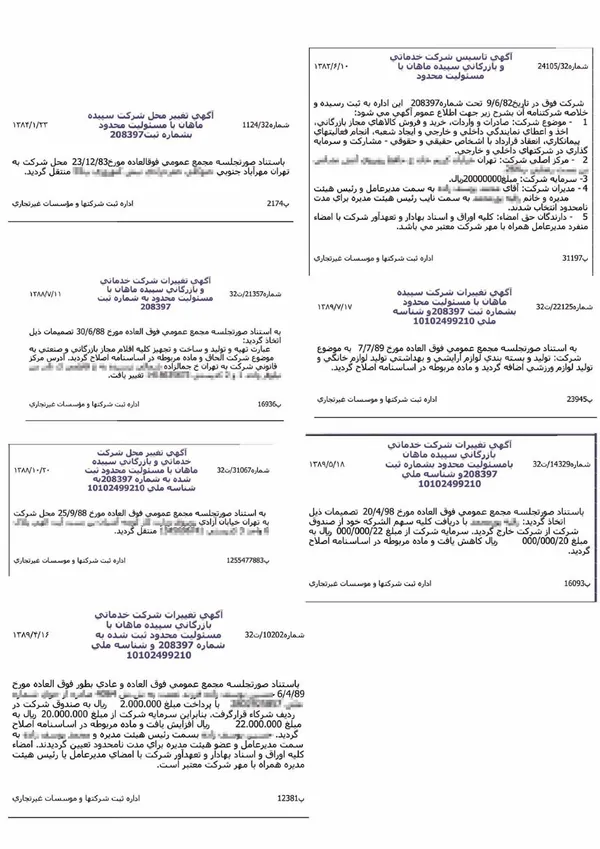 برخی از آگهی&zwnj;های ثبت تغییرات شرکت سپیده ماهان که نشان از تغییرات متعدد آدرس شرکت در طول چند سال داشته و حجم سرمایه&zwnj;گذاری و ارقام مالی آن را نشان می&zwnj;دهد!
