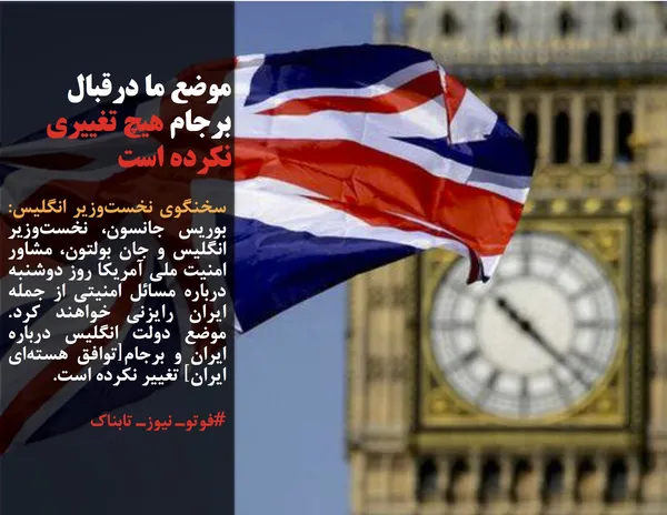 سخنگوی نخست&zwnj;وزیر انگلیس: بوریس جانسون، نخست&zwnj;وزیر انگلیس و جان بولتون، مشاور امنیت ملی آمریکا روز دوشنبه درباره مسائل امنیتی از جمله ایران رایزنی خواهند کرد. موضع دولت انگلیس درباره ایران و برجام[توافق هسته&zwnj;ای ایران] تغییر نکرده است.
