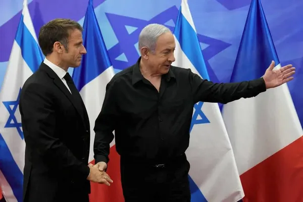 بیت المقدس ـ استقبال بنیامین نتانیاهو، نخست وزیر رژیم صهیونیستی، از امانوئل ماکرون، رئیس جمهور فرانسه 