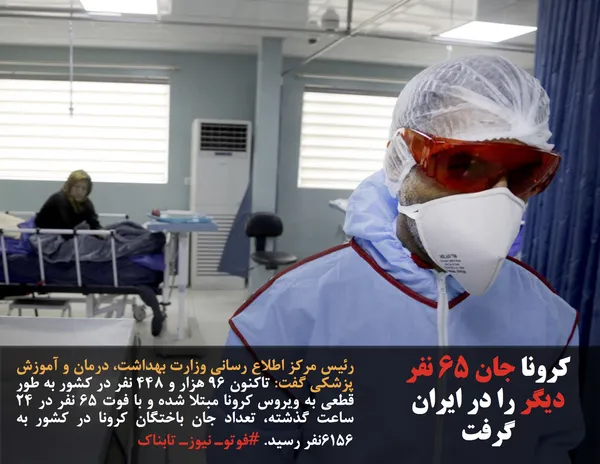 رئیس مرکز اطلاع رسانی وزارت بهداشت، درمان و آموزش پزشکی گفت: تاکنون ۹۶ هزار و ۴۴۸ نفر در کشور به طور قطعی به ویروس کرونا مبتلا شده و با فوت ۶۵ نفر در ۲۴ ساعت گذشته، تعداد جان باختگان کرونا در کشور به ۶۱۵۶نفر رسید. #فوتوـ نیوزـ تابناک