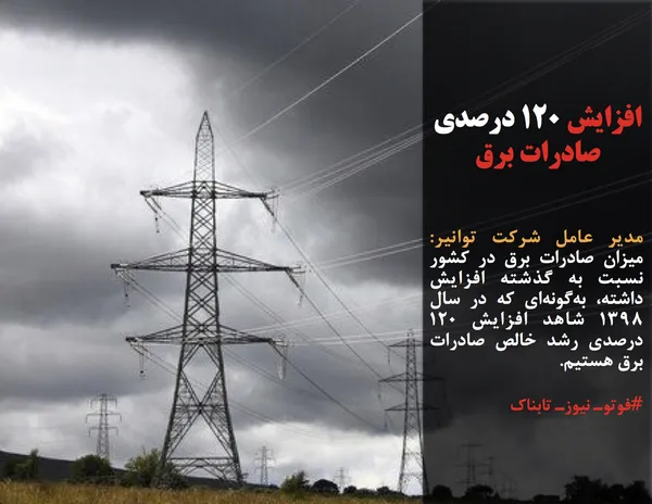 مدیر عامل شرکت توانیر: میزان صادرات برق در کشور نسبت به گذشته افزایش داشته، به&zwnj;گونه&zwnj;ای که در سال ۱۳۹۸ شاهد افزایش ۱۲۰ درصدی رشد خالص صادرات برق هستیم.
